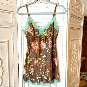 90s Y2K Silk Cami Brown Floral Print Lace Trim Sz S Bias Cut Gold Hawk Camisole